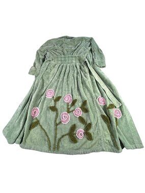 The Vermont Country Store Womens Robe Sz S Green Floral Embroidered Cotton Blend